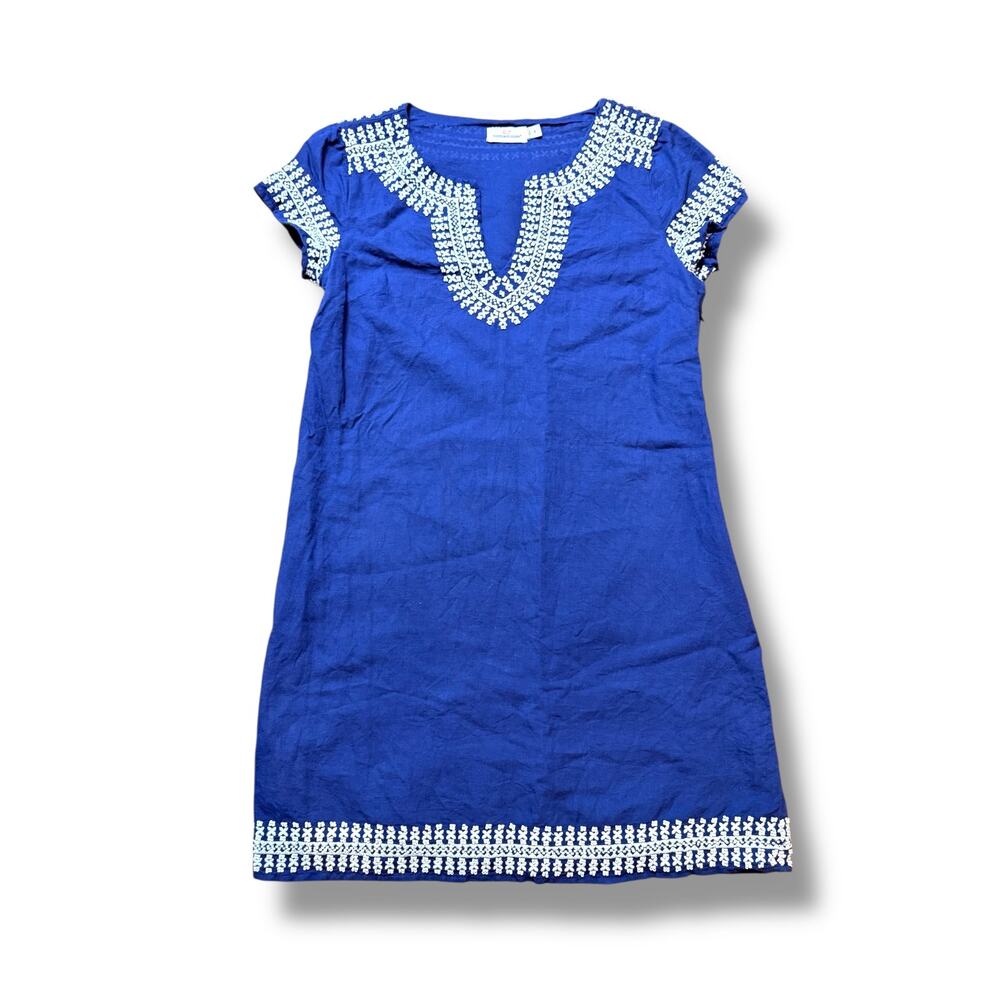 Vineyard Vines Navy Linen Shift Dress Size 4 White Beaded Embroidered Resort